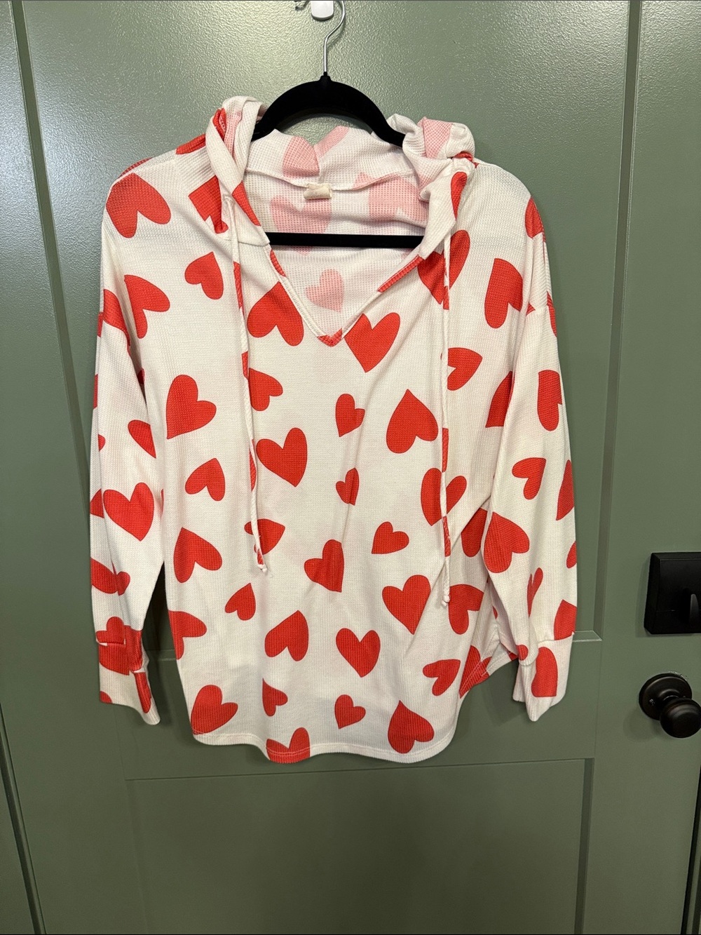 Cozy Cream Cowl Hoodie Sweater with Red Heart Print